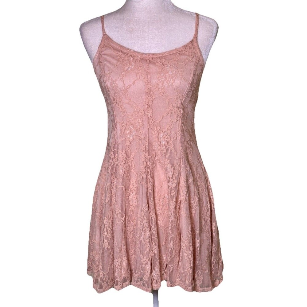Women Blush Pink Lace Fit Flare Mini Dress Spaghetti Strap Coquette Balletcore S